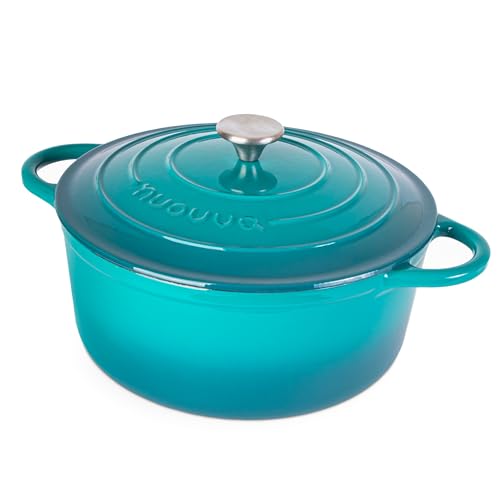 Image of Nuovva Enamelled Cast Iron Dutch Oven Pot with Lid-6.4 Quart Non Stick Casserole Pot-Heavy Duty & Oven Safe up to 500 F for Bread Baking, Braising, Stews, Roasting - 28cm Teal