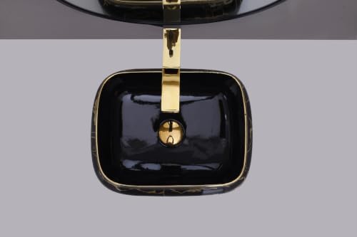 Image of HARDSTONE Black & Gold Ceramic Wash Basin Sink 18x13x5 Inches
