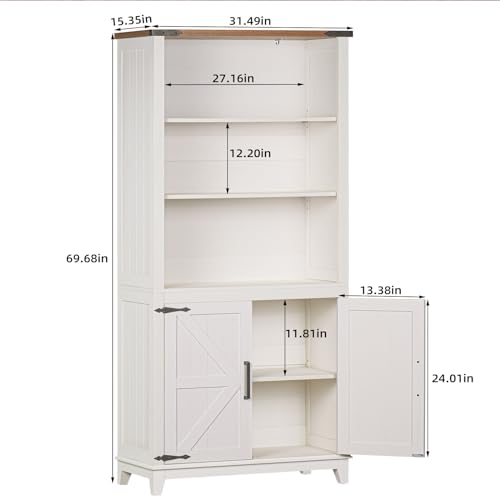 Joaxswe 5 Tier Bookshelf 70in Tall Bookcase with Barn Doors and Storage Cabinet, White Farmhouse Book Shelf with Adjustable Shelves, Wood Freestanding Display Bookshelves for Bedroom, Living Room - Thumbnail 2
