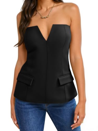 Cicy Bell Womens Strapless Tube Tops Summer Fitted Notched Neck Blazer Vest Business Dressy Casual Suit Vest Tops