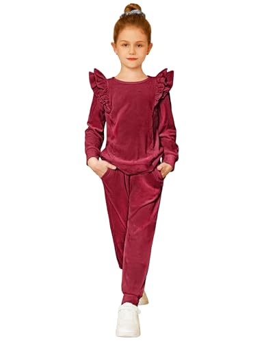 Image of Arshiner Girls 2 Piece Outfits Velour Tracksuit Ruffle Sweatshirt Sweatpant