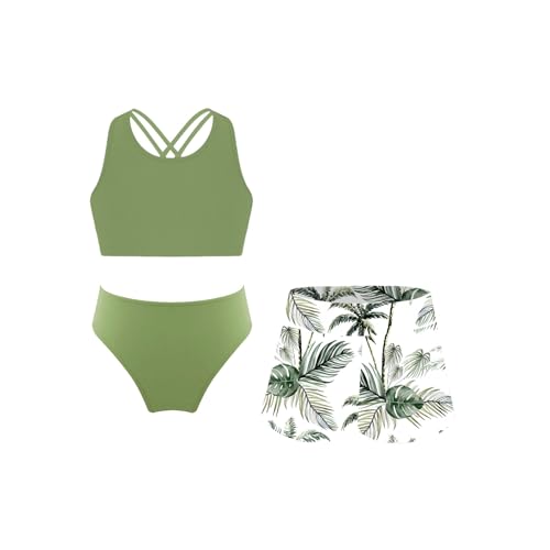 Girls 3 Pcs Athletic Swimsuits Crisscross Back Swim Crop Top Brief with Shorts Tankini Sets