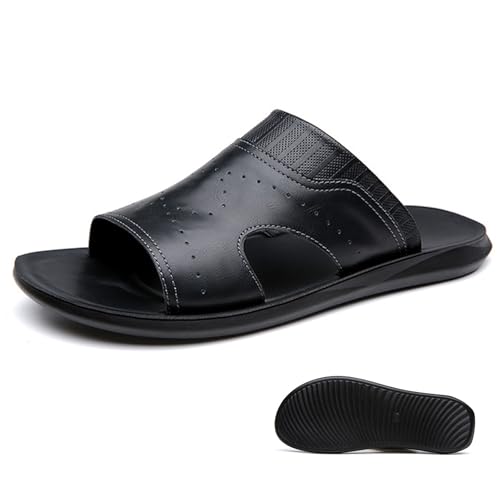 Men'S Leather Flat-Soled Slide Sandals Summer Breathable Open-Toe Comfortable Non-Slip Slip-On Lightweight Casual Slippers Walking Work Beach Sandals
