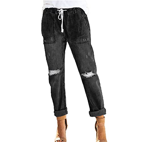 Maiyifu-GJ Women Pull On Distressed Denim Joggers Relaxed Fit Ripped Straight Leg Jeans Mid Rise Elastic Waist Boyfriend Jean (Black,XX-Large)