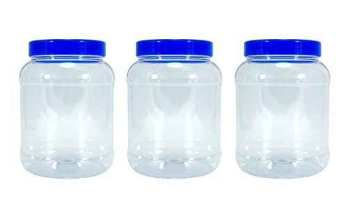 Britten & Jamesu00ae Bocaux en plastique transparent vide de 2,5 litres avec couvercle à vis bleu plat, paquet de 3