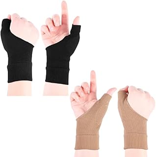 Fuyamp 2 Pairs Arthritis Compression Gloves Wrist and Thumb Support Braces Breathable Gel Hand Injury Pads Thumb Wrist Gloves (black and khaki)