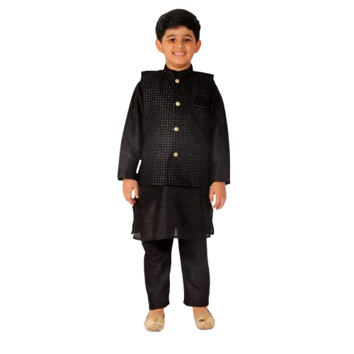 Image of Pro-Ethic Style Developer Kurta Pajama For Kids Boys With Waistcoat | Silk | Floral | Traditional Dress (S-200)
