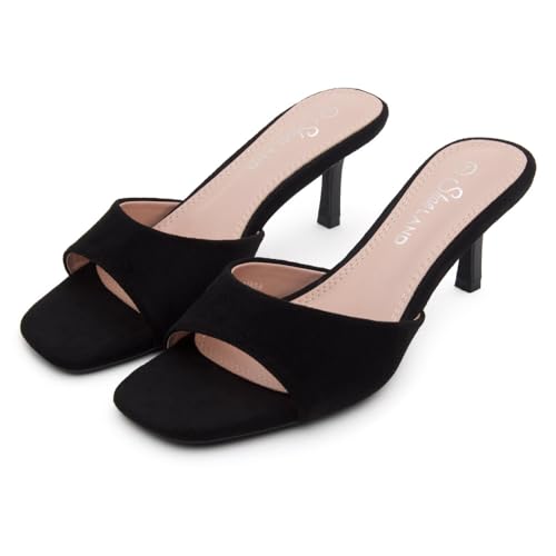 Image of Shoe Land Women's Low Heels Stiletto Heeled Slides, Open Toe One Band Slip-On Heeled Mules - Dressy Heeled Sandals for Prom, Party Wedding and Vacation