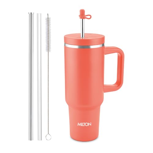 Image of Milton My Tumbler 1200 Thermosteel Double Wall Vacuum Insulated Stainless Steel Tumbler with Handle 1100ml,Leak Proof Travel Mug,Straw,Silicon Cap Cleaning Brush,Hot & Cold Beverage Flask,Coral Orange