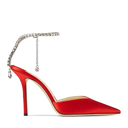 Image of LauraVicci Women's Heeled Sandals Crystal Chain Ankle Straps Rhinestones Buckle High Heels Stiletto Slip On Wedding Party Satin Dress Shoes