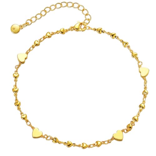 Ecripe 18K Gold Plated Anklet for Women Heart Foot Chain Love Ankle Bracelet Adjustable Boho Beach Beaded Anklet Gifts for Girls