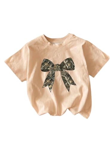 Image of SHENHE Girl's Graphic Bow Tshirt Crew Neck Short Sleeve Camo Print Loose Fit Tee Top