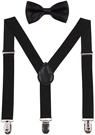 GUCHOL Kids Black Suspenders Bow Tie for Boys and Girls Adjustable Elastic Classic Accessory Sets Age 1 to 13 Year (Black, 33 INCH (6-13 Year)
