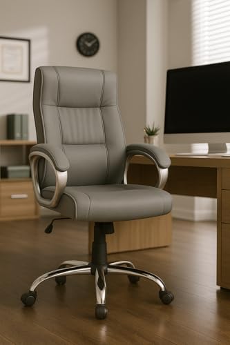 Image of Prestige Premium Leatherette Executive Chair | High Back Ergonomic Office Chair for Work from Home & Office | Height Adjustable, 360 Swivel, 135 Tilt, Chrome Base (1 Pc) (Grey)