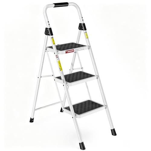 Image of HBTower 3 Step Ladder, Heavy Duty Step Stool with Anti-Slip Pedal and Feet, Folding Step Stool for Adults, Comfortable Handrail, Portable Ladder for Home Kitchen Garage Outdoor, 330 Lbs, White