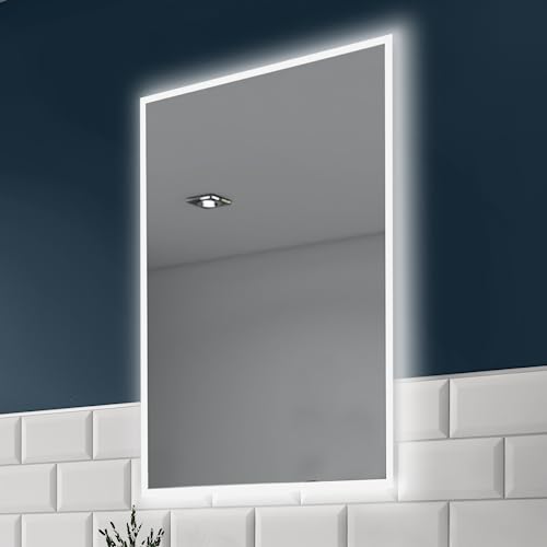 Pebble Grey Illuminated Bathroom Mirror with Lights 400x600mm IP44 Rated - Diaz Wall-Mounted LED Bathroom Mirror with Shaver Socket, Demister Pad, & Motion Sensor, Shaver Lights for Bathrooms
