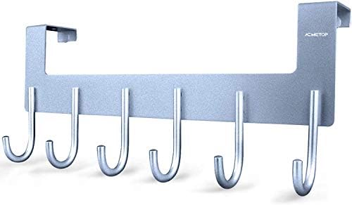 ACMETOP Over Door Hooks, Heavy Duty Over Door Hanger, Aluminum Over Door Coat Hooks Storage for Coat, Towel, Bag, Robe, Brush Finish - 6 Hooks (Matter Silver)