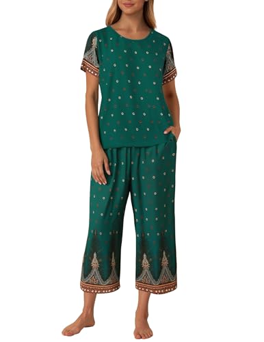 Image of Ekouaer Women's Capri Pajama Sets Short Sleeve Shirt and Capri Pants with Pockets Sleepwear Pjs Sets, Large, Floral Green