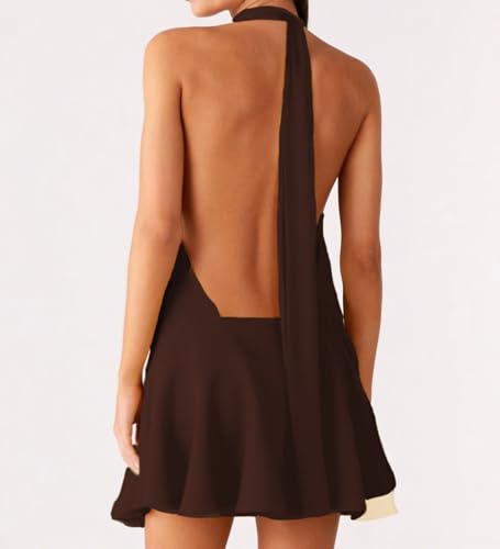 Image of Women's 2025 Summer Halter Dress Sleeveless Open Back Ruffle Tiered Layered Chiffon Pleated A Line Swing Mini Dress