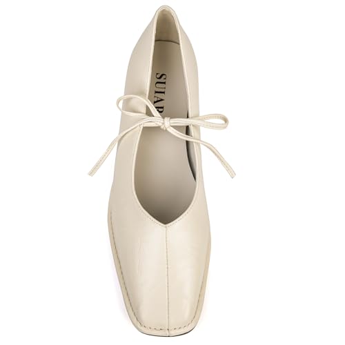 Image of Lace up Ballet Flats Women Square Toe Mary Jane Flats Bow Slip On Comfortable Ballerina Shoes