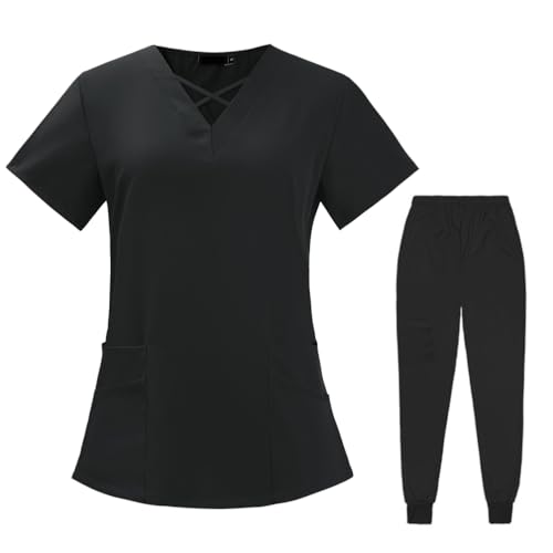 PengGengA Set de Exfoliante para Mujer Túnicas de Salud Manga Corta Cuello en V Tops Pantalones con Bolsillos (Negro, L)