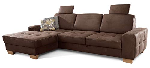 Cavadore Ecksofa Puccino mit Federkern, Schlaffunktion, verstellbarer Sitztiefe und 2 Kopfstützen / Sofa in L-Form im Landhaus Design / 281 x 86 x 178 cm / Mikrofaser braun