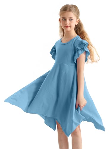 Girls Casual Dresses Summer Crew Neck Double Layer Ruffle Sleeve Cute High Low Swing Knee Wear for 4-13 Years