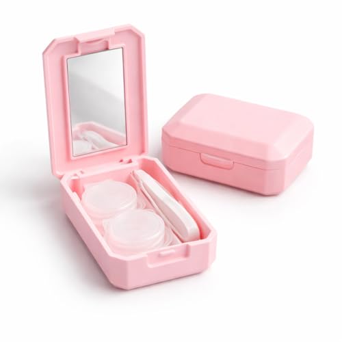 Mini Estojo Porta Lente de Contato com Espelho, Pinça e Ventosa – Kit Completo Portátil para Viagem – Case Compacto para Armazenamento Seguro e Higiênico (Rosa MK)
