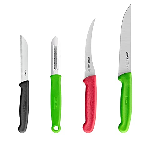 KOHE Kitchen Knife Set – 1 Standard Serrated Knife – 1 Straight Peeler – 1 Paring Knife- 1 Utility Knife Serrated(Assorted Color)