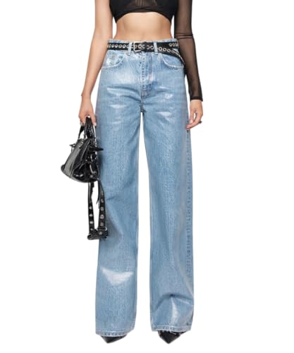 Womens Metallic Straight Jeans High Rise Silver Denim Shiny Party Rave Trousers Denim Pants