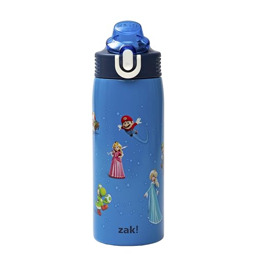 Zak Designs The Super Mario Galaxy Movie Sage Kids Water Bottle For School or Travel 19oz Insulated Stainless Steel Water Bottle With Leak-Proof Straw BPA Free (Mario & Friends)