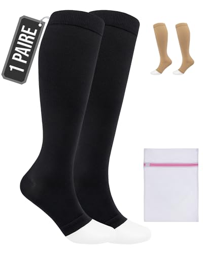 360 RELIEF Bas de Contention pied ouvert Femmes et Hommes - Classe 1 Chaussettes contention bout ouvert pour Circulation, Voyage, Varices - Compression graduée de 15-20 mmHg - Avec sac de lavage