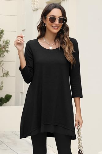 Poetsky Womens 3/4 Sleeve Tunic Tops to Wear with Leggings Layered Chiffon Hem Casual Long Shirts with Pockets3