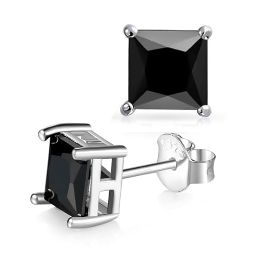 Unisex Princess cut Black Onyx 925 Sterling Silver Stud Earrings Platinum Plated Fine Jewelry for Men Women