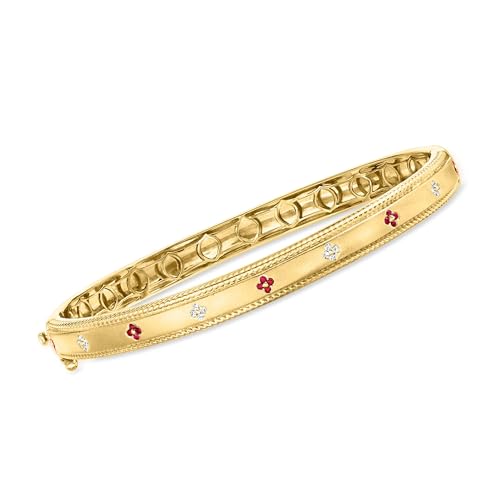 Ross-Simons Ruby and Diamond Flower Bangle Bracelet in 18kt Gold Over Sterling