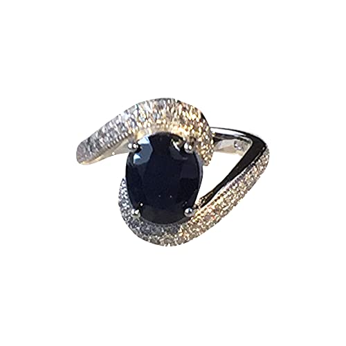 Sz 6, Genuine Deep Dark Blue SAPPHIRE and WHITE TOPAZ Gemstones, 925 Sterling Silver, Engagement, Solitaire Ring Jewelry.