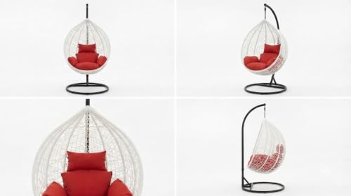 Image of UNIVERSAL FURNITURE Hanging Egg Swing Chair with Stand, Woven Wicker Rattan Style Swing with Cushion, Freestanding Indoor Outdoor Hanging Chair for Patio, Balcony, Garden & Porch (White Red)