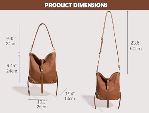 Bucket Bag for Women, Suede Crossbody Bag Tote Bags, Women's Shoulder Handbag, Vintage Suede Studded Fringe Purse2