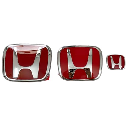Image of RoadReligion JDM Red H Mugen Logo Emblem Set - Front Grill, Rear Trunk & Steering Wheel Badge (Pack of 3) | Type R Style OEM Replacement Logos