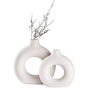 White Ceramic Donut Vase Set of 2, Hollow Matte Pampas Flower Vases for Boho Home Wedding Party Room Dinner Table Shelf Decor.（White）