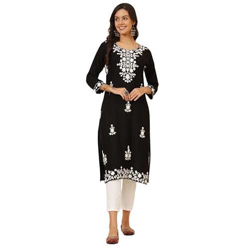 Image of Women's Chikankari-Lucknowi Embroidered Work| 3 /4 Sleeves | Knee Length | Round Neck | Soft Fabric | Straight Rayon Kurta