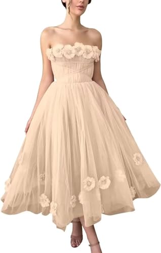 Women's 3D Flower Off Shoulder Tea Length Whimsical Prom Dress, A Line Strapless Tulle Formal Evening Party Gown