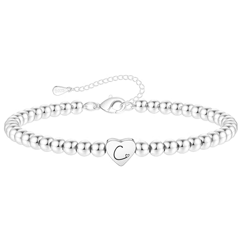 Crownette S925 Silver Bead Bracelet for Women Adjustable Heart Initial Letter Bracelet Birthday Jewellery Gift (C)