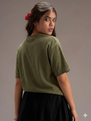 Image of RodZen Women Half Sleeve Polycotton Rib Textured Oversized Tshirt|Drop Shoulder|Loose Fit Tshirt|Stretchable