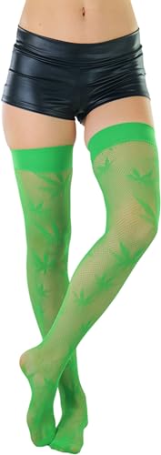 Image of ToBeInStyle Women's Thigh High Stockings Bodystocking Tights Medicinal Cannabis Marijuana Weed Leaf Print Festival Hosiery
