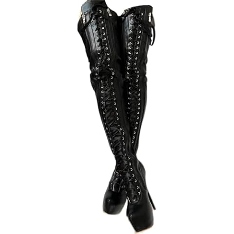 Frankie Hsu Ladies Platform Stiletto High Heel Over The Knee Thigh Long Boots, Black Lace Up Cool Style, Big Large Size US4-19 Fashion Shoes For Women Men Cover