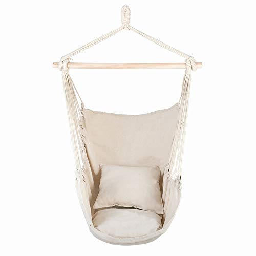 WEI WEI GLOBAL Hanging Rope Hammock Chair, Cotton Weave Swing Seat for Yard, Bedroom, Patio, Porch, Indoor & Outdoor-2 Seat Cushions Included (Beige)