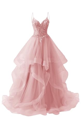 Women's Lace Appliques Tulle Prom Dresses Princess Ball Gowns V Neck Puffy Evening Gowns