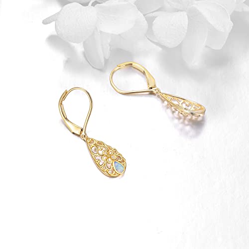 Teardrop Dangle Earring Gifts 14K Solid Gold Filigree Teardrop Earrings For Women Daisy Flower Leverback Heart Dangle Drop Earrings Jewelry Birthday Gifts For Her #TOP3