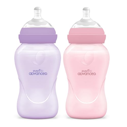 Advanced by Evenflo, Biberón Anticólicos Cuello Ancho, Niña, Color Rosa y Lila, Flujo Medio, 9oz/270ml, 2 piezas, MEX.